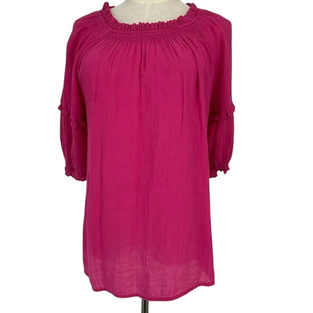 Nanette Lepore Womens Size M Pink Gauze Ruffle Neck 3/4 Sleeve Blouse